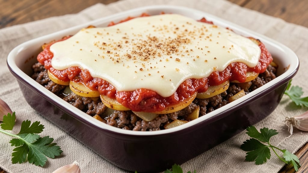 Beef and Potato Moussaka Recipe: Layered Baked Comfort with Melty Cheese Top