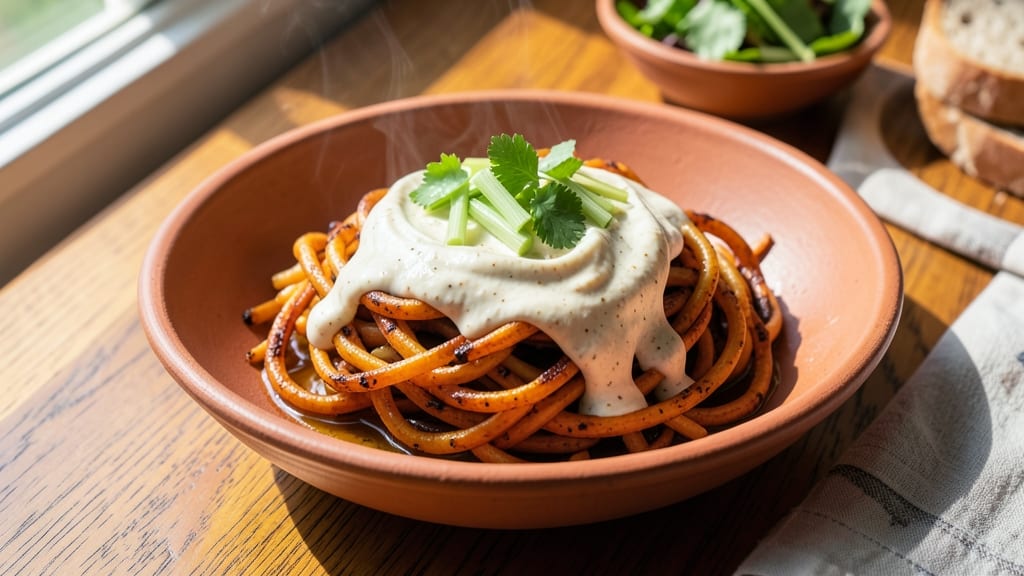 Sweet Potato Spaghetti Recipe: Creamy Celery Crown Crunch Over Spiced Rum Cream Cheese
