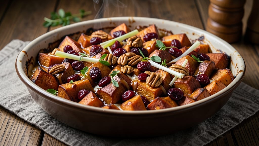 Sweet Potato Cranberry Bake Recipe: Spiced Rum Glaze and Crispy Celery Crown