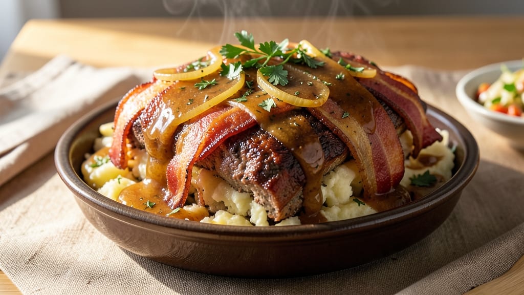 Bacon-Wrapped Mashed Potato Stuffed Meatloaf Recipe: Triple-Layered Crowd-Pleaser With Crispy Bacon