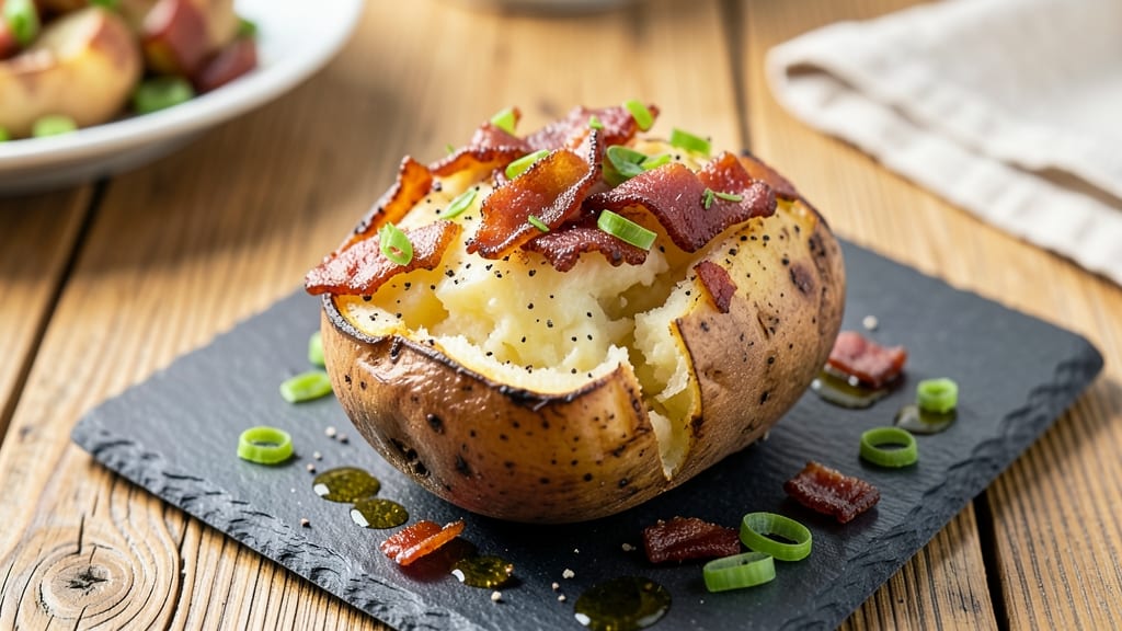 Baked Potato With Bacon Bits Recipe: Smoky Crispy Topping and Fluffy Heart