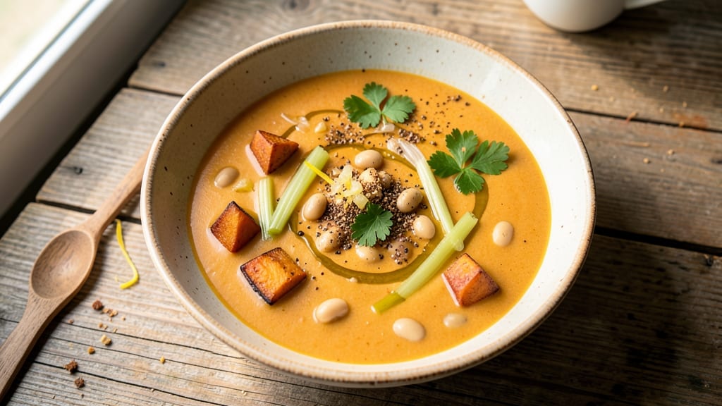 Sweet Potato and Bean Soup Recipe: Smoky-Spiced Depth With Crispy Celery Crown