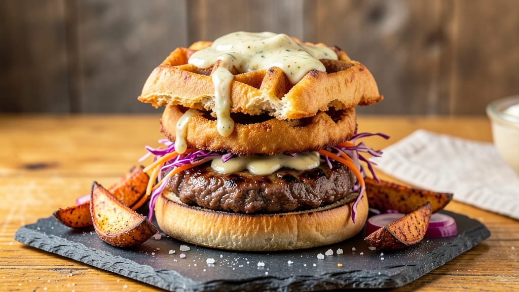 Sweet Potato Waffle Burger Recipe: Crunchy Topping Meets Juicy Spiced Patty