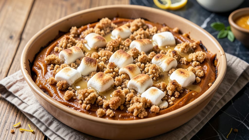 Sweet Potato Casserole Recipe With Streusel and Marshmallows: Crispy Streusel Crown Over Gooey Marshmallow Rivers