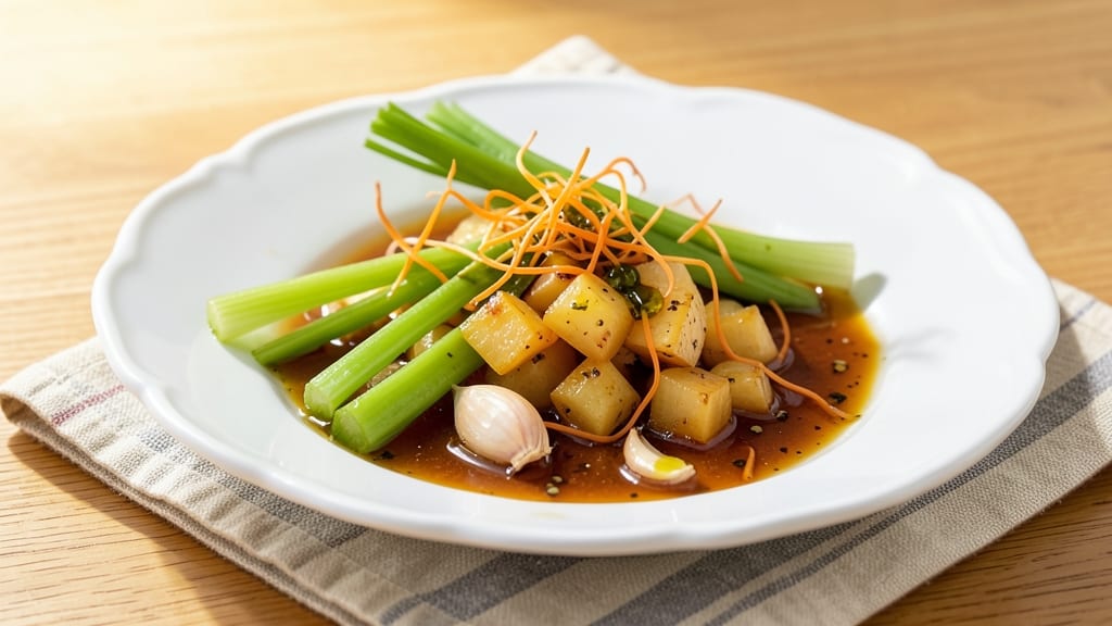 Sweet Potato Shoots Recipe: Crispy Celery Crown Over Earthy Spiced Filling