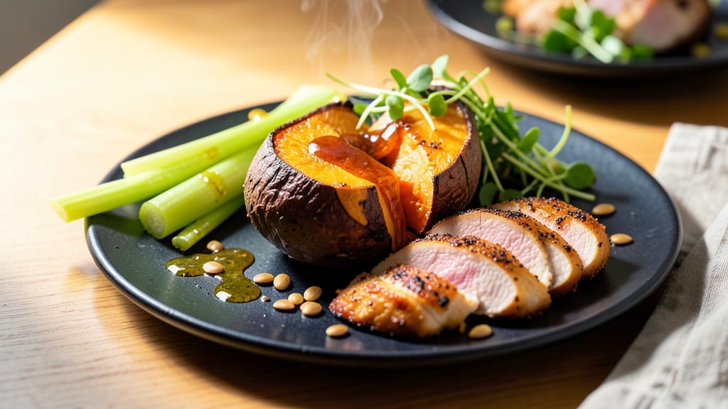Sweet Potato Recipe Ideas for Dinner: One-Pan Roasted Sweetness With Crispy Celery Crown