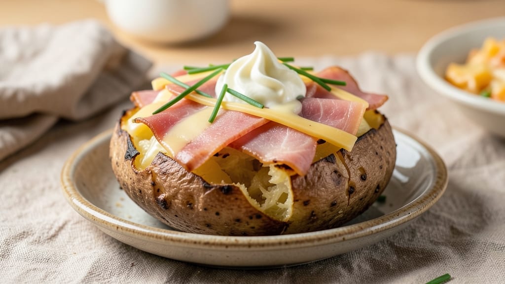 Baked Potato With Ham and Cheese Recipe: Crispy Top, Melty Cheese, and Smoky Ham Layers