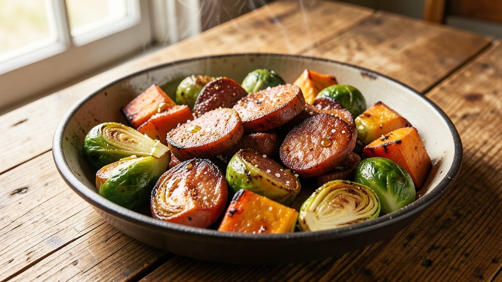 Sweet Potato, Brussels Sprouts, and Sausage Recipe: Smoky Roasted Trio With Crispy Edges