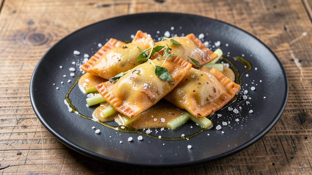 Sweet Potato Ravioli Sauce Recipe: Brown Butter Sage with Crispy Celery Crown