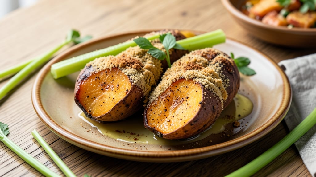 Sweet Potato Recipe Hebbar's Kitchen: Warm Spice Dumplings With Crispy Celery Crowns