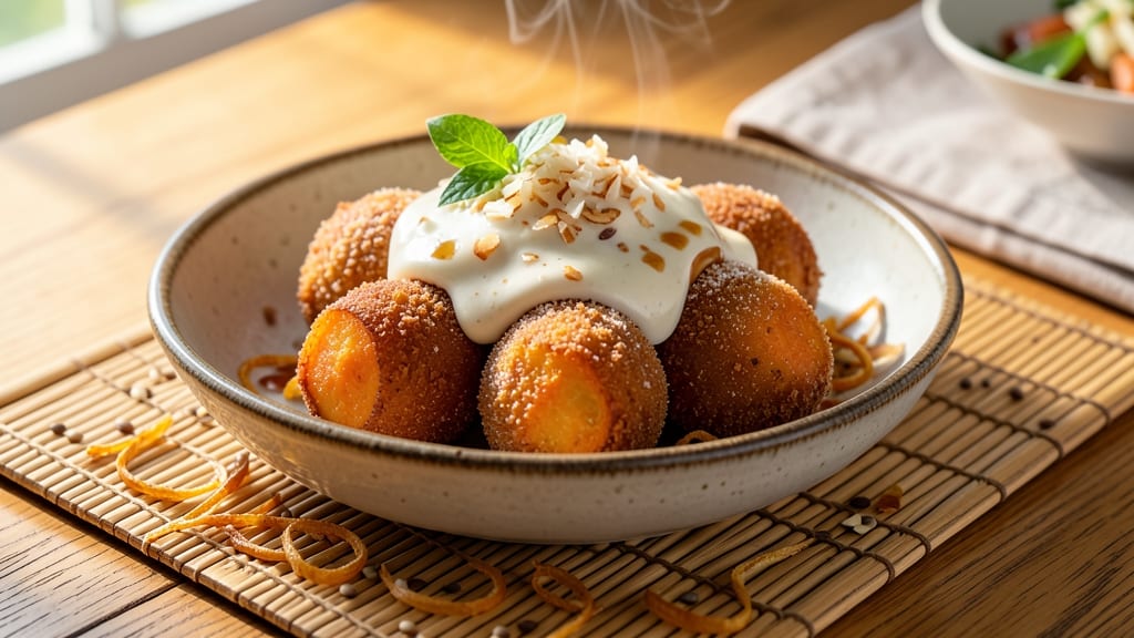 Thai Sweet Potato Balls Recipe: Golden-Crusted Bites with Coconut-Curry Cream