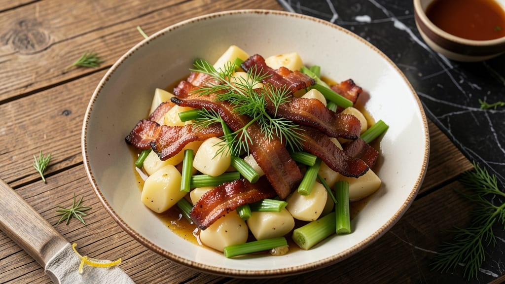 Authentic Warm German Potato Salad Recipe: Mustard-Vinegar Braised Potatoes With Celery Crown Crunch